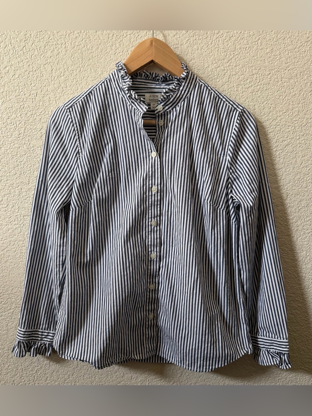 J.CREW women’s Medium Petite Ruffle Mockneck Button Up Top Antique Navy Stripe